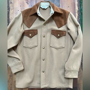 Vintage 80s Woolrich Heavy Wool Nubuck Suede Leather Western Yoke Snap Shirt